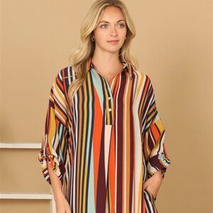 NWOT EGGPLANT COMBO STRIPE HALF SLEEVE CURVE HEM DRESS